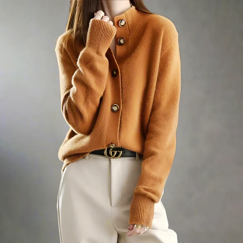 Button-Front Knit Cardigan for Women with High Collar - Image 6
