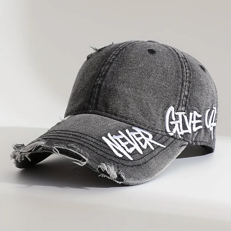 Distressed Denim Baseball Cap with Never Give Up Embroidery - Image 2