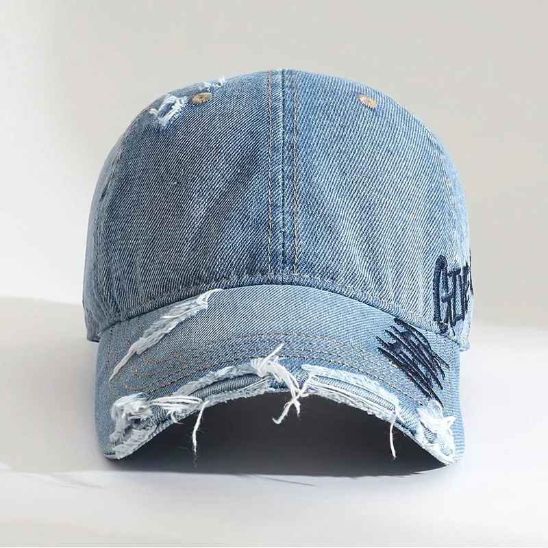 Distressed Denim Baseball Cap with Never Give Up Embroidery - Image 3