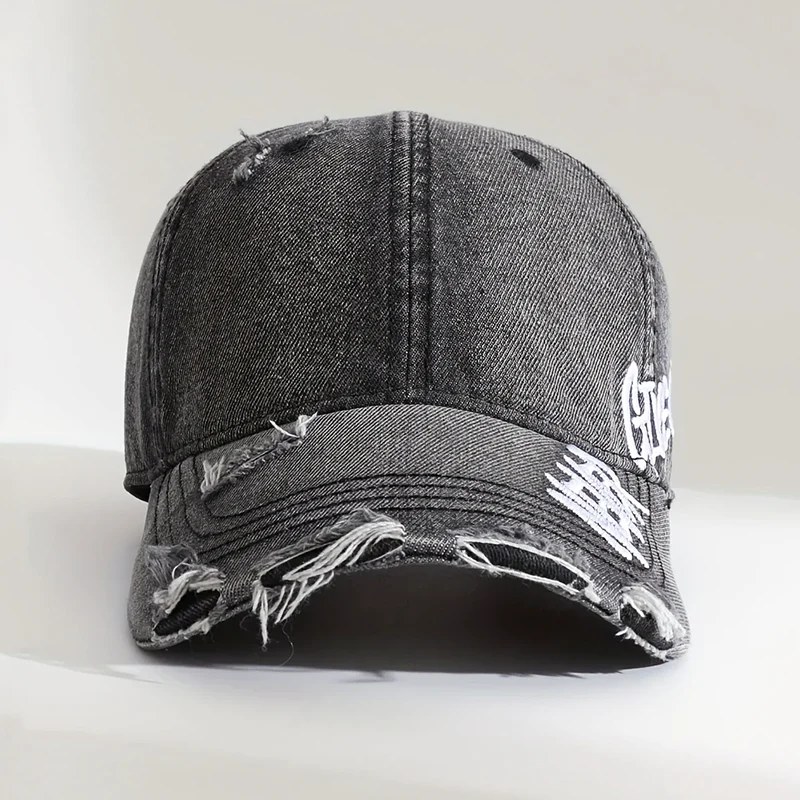 Distressed Denim Baseball Cap with Never Give Up Embroidery - Image 4