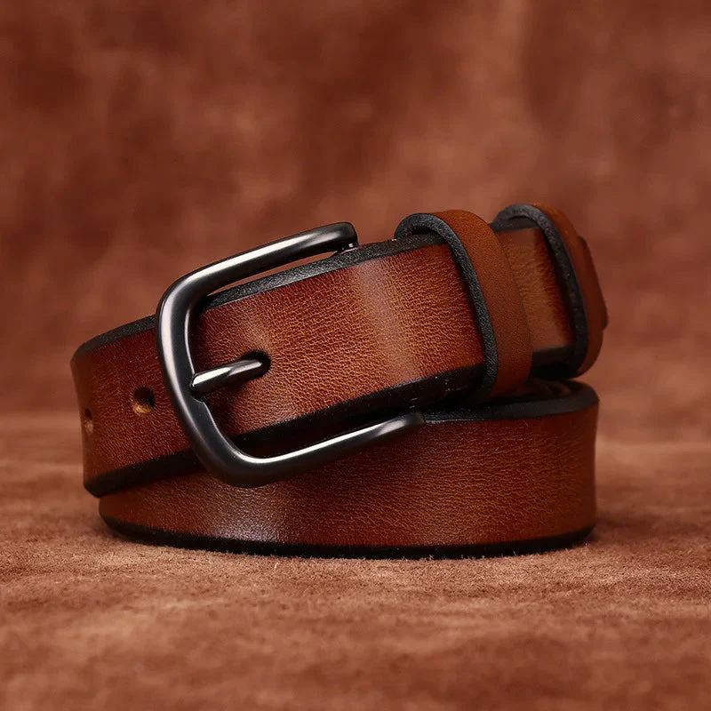 Genuine Leather Belt with Rounded Metal Buckle - Image 2
