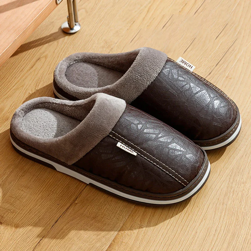 Men’s Faux Leather Indoor Slippers with Plush Lining - Image 2