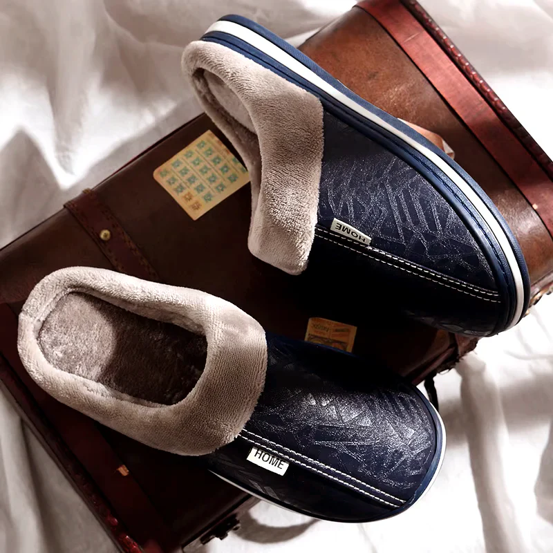 Men’s Faux Leather Slip-On Home Slippers with Plush Lining - Image 2
