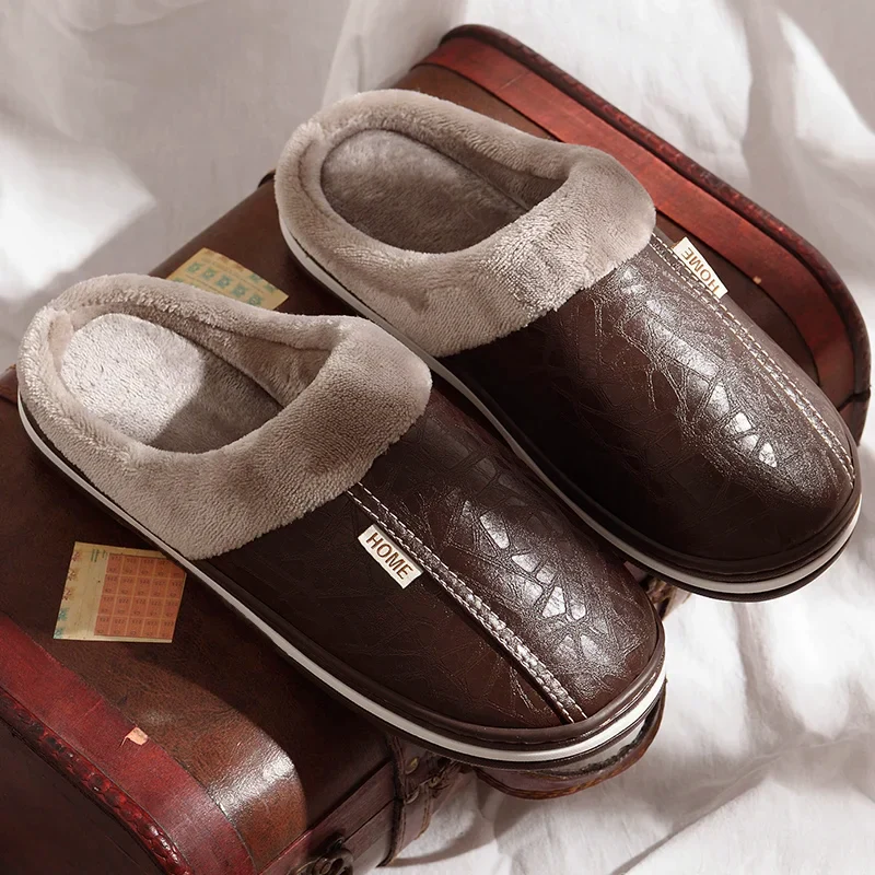 Men’s Faux Leather Slip-On Home Slippers with Plush Lining - Image 3