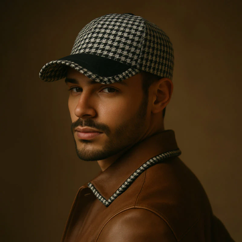 Men’s Houndstooth Cap with Faux Leather Detailing - Image 4