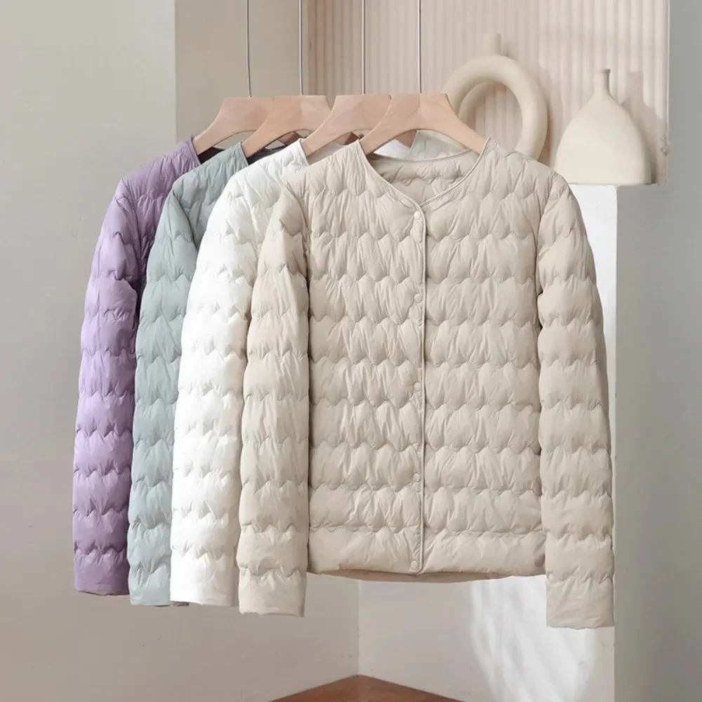Minimalist Collarless Quilted Down Jacket - Image 7
