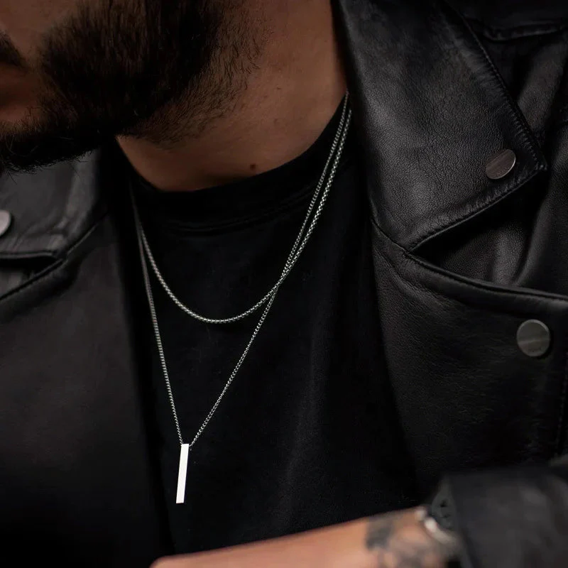 Minimalist Double Chain Necklace with Bar Pendant