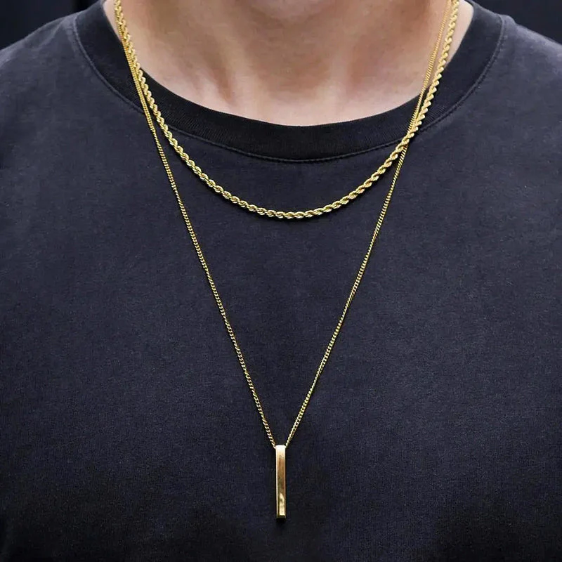 Minimalist Double Chain Necklace with Bar Pendant - Image 2