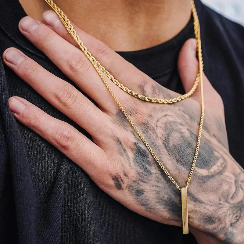 Minimalist Double Chain Necklace with Bar Pendant - Image 3