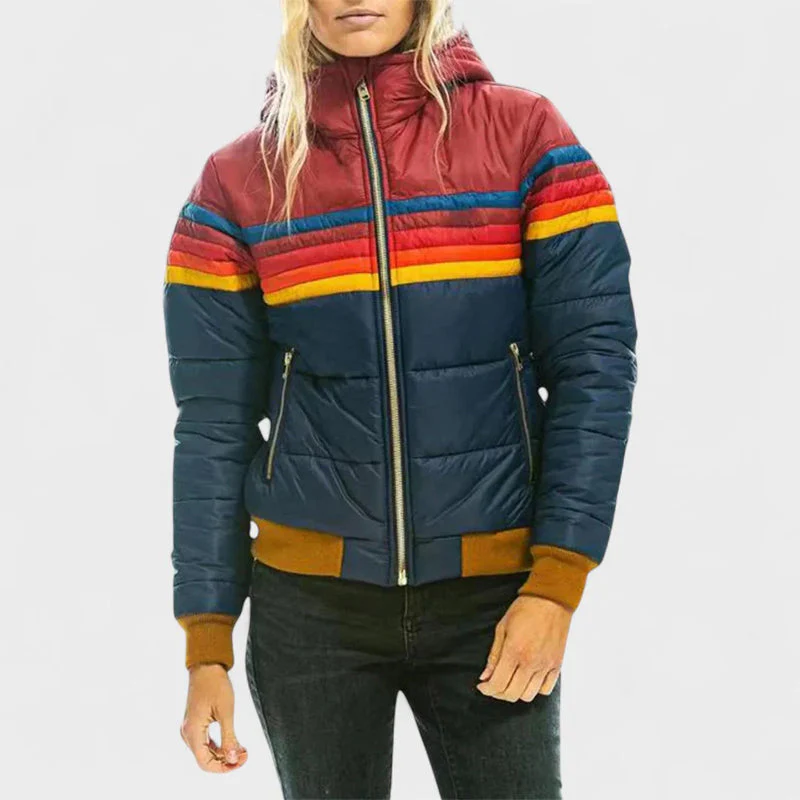 Retro Colorblock Hooded Puffer Jacket - Image 2