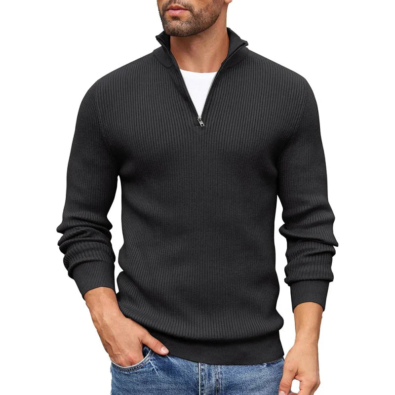Ribbed Knit Zip-Up Collar Sweater for Men - Image 2