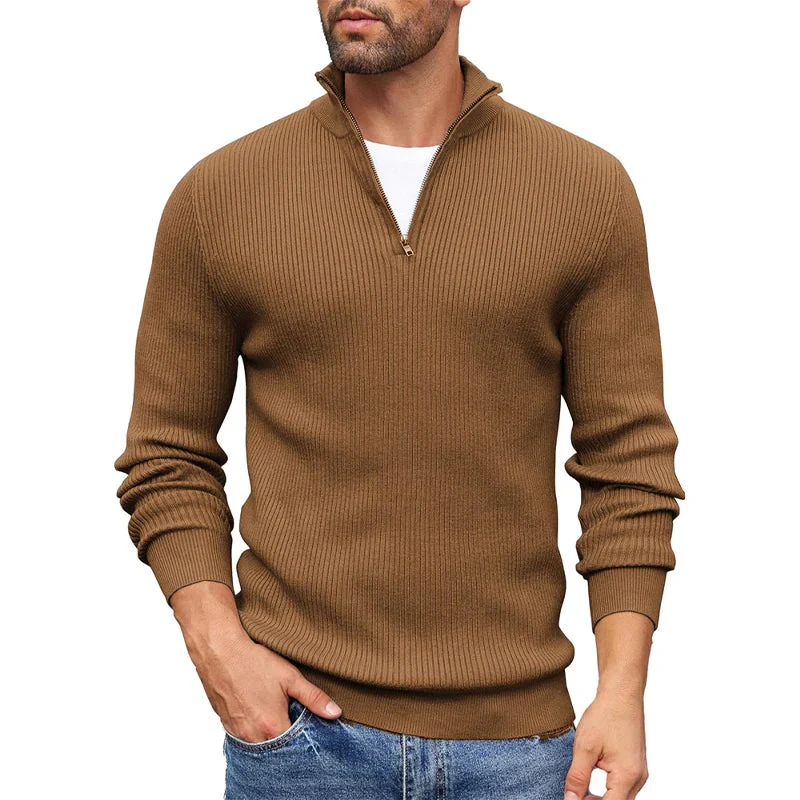 Ribbed Knit Zip-Up Collar Sweater for Men - Image 3