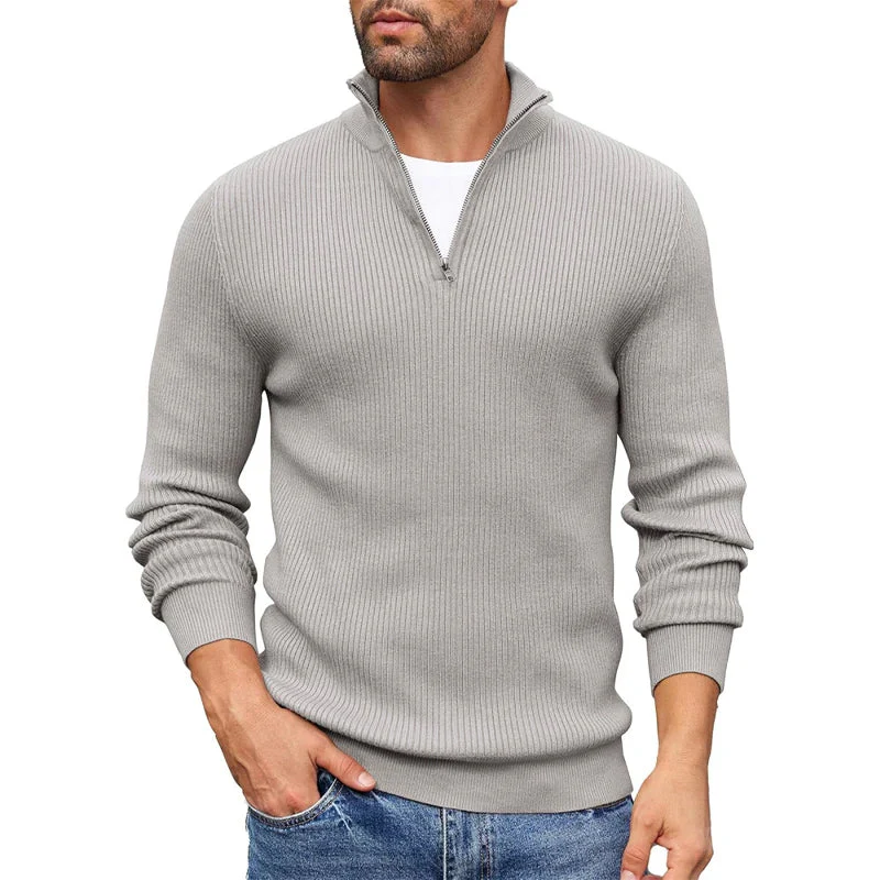Ribbed Knit Zip-Up Collar Sweater for Men - Image 4