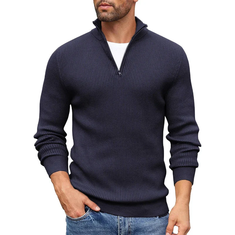 Ribbed Knit Zip-Up Collar Sweater for Men - Image 5