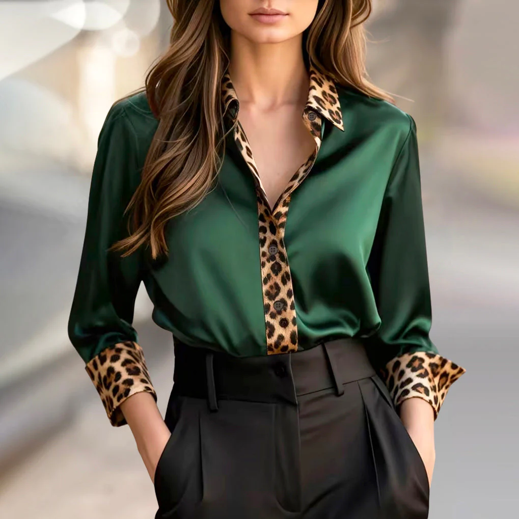 Sofia Amoretti Satin Blouse with Leopard Print Trim - Image 2