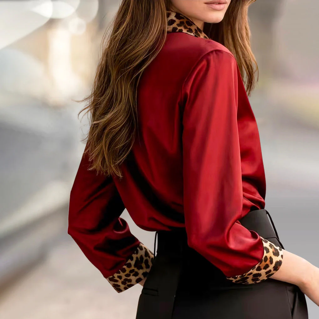 Sofia Amoretti Satin Blouse with Leopard Print Trim - Image 4