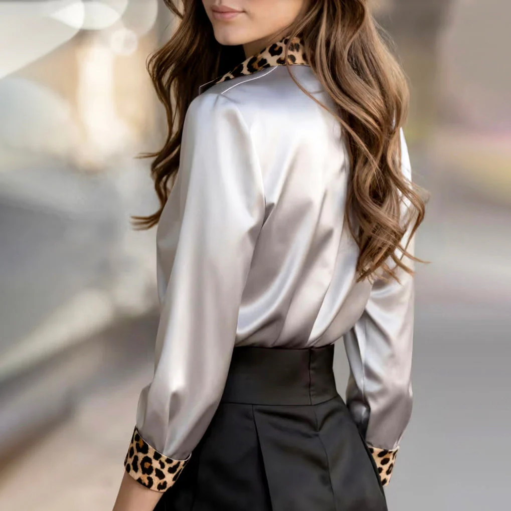 Sofia Amoretti Satin Blouse with Leopard Print Trim - Image 6