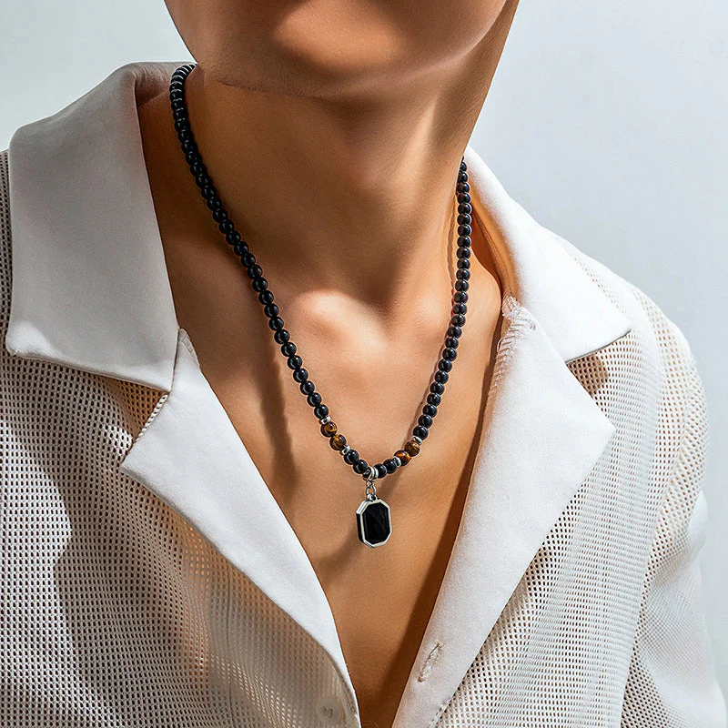 Tiger's Eye Beaded Necklace with Octagonal Pendant - Image 2