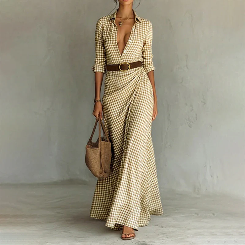 Valentina Rossi Gingham Maxi Dress with Waist Belt