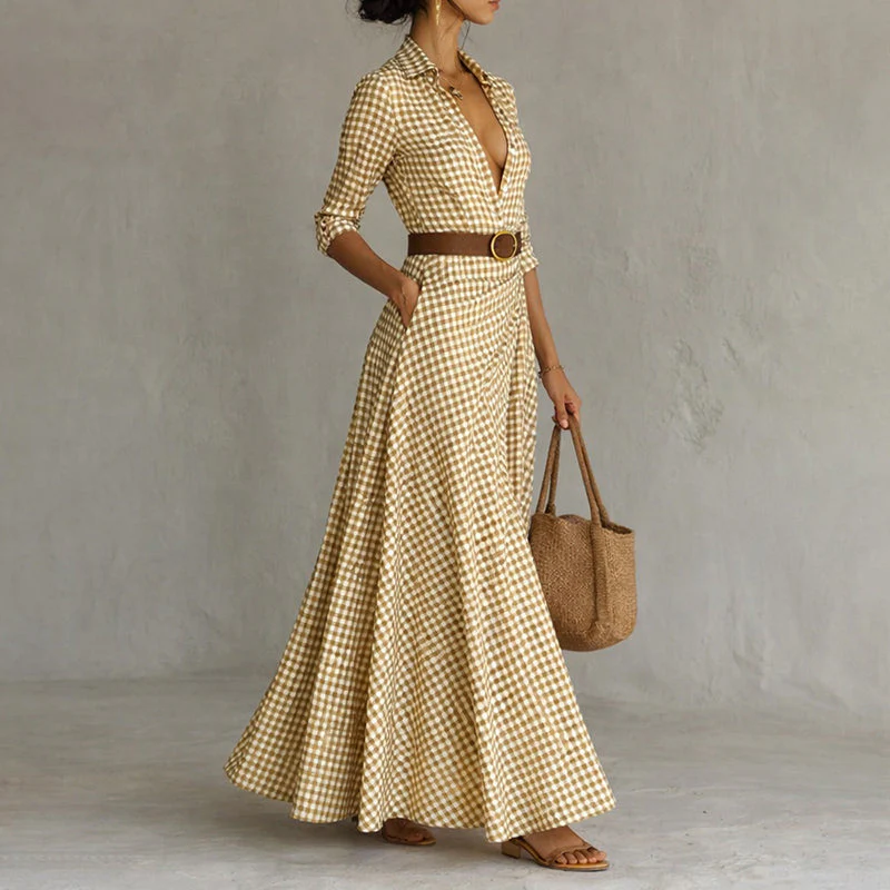 Valentina Rossi Gingham Maxi Dress with Waist Belt - Image 3
