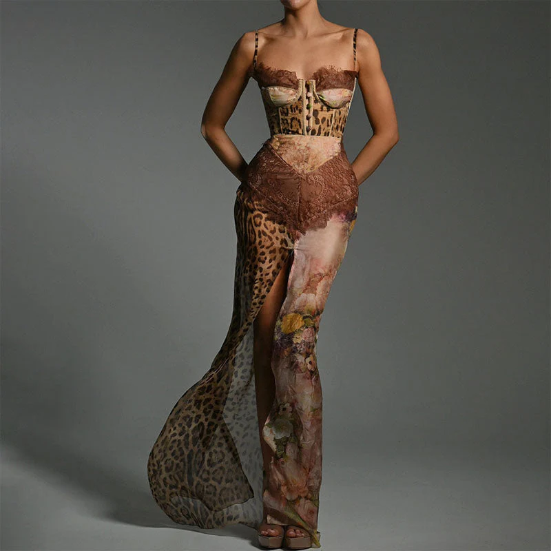 Valentina Rossi Patchwork Leopard Print Maxi Dress - Image 2