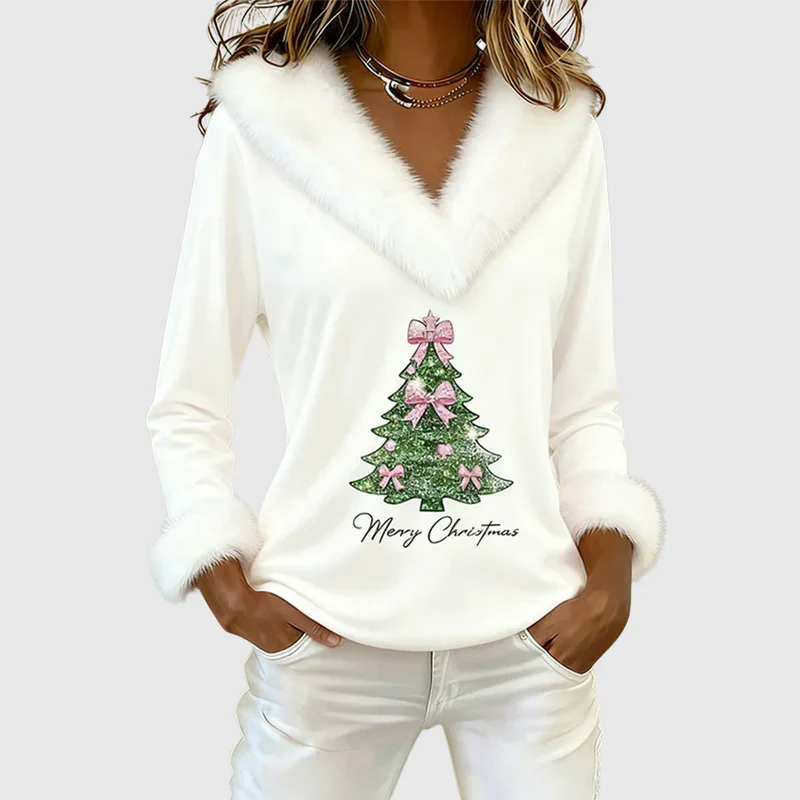 Women’s Christmas V-Neck Top with Fur Trim - Image 3