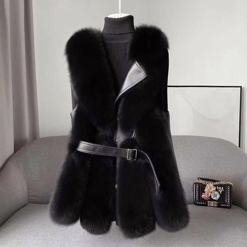 Women’s Faux Fur Vest with Belted Waist and Faux Leather Trim - Image 2