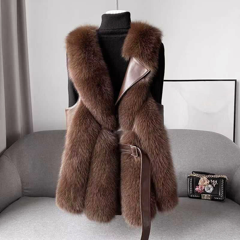 Women’s Faux Fur Vest with Belted Waist and Faux Leather Trim - Image 3