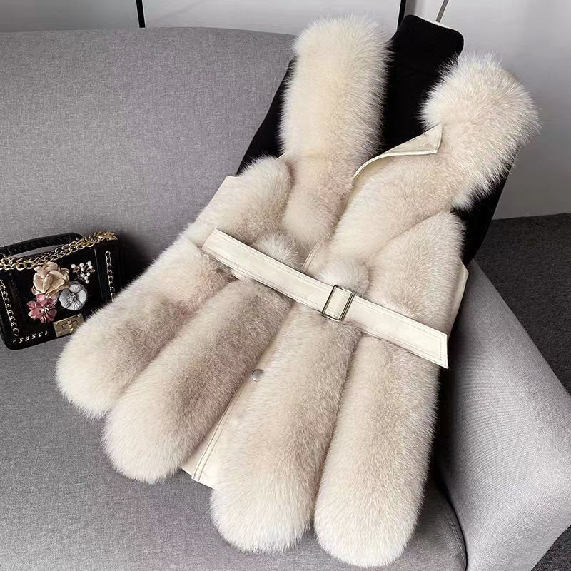 Women’s Faux Fur Vest with Belted Waist and Faux Leather Trim - Image 4