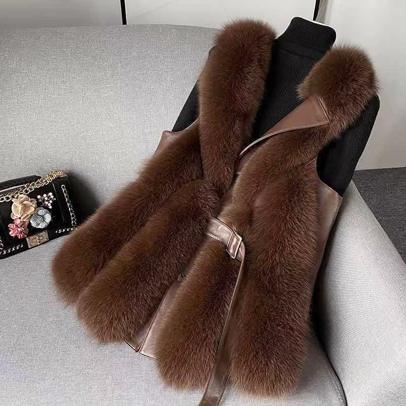 Women’s Faux Fur Vest with Belted Waist and Faux Leather Trim - Image 5
