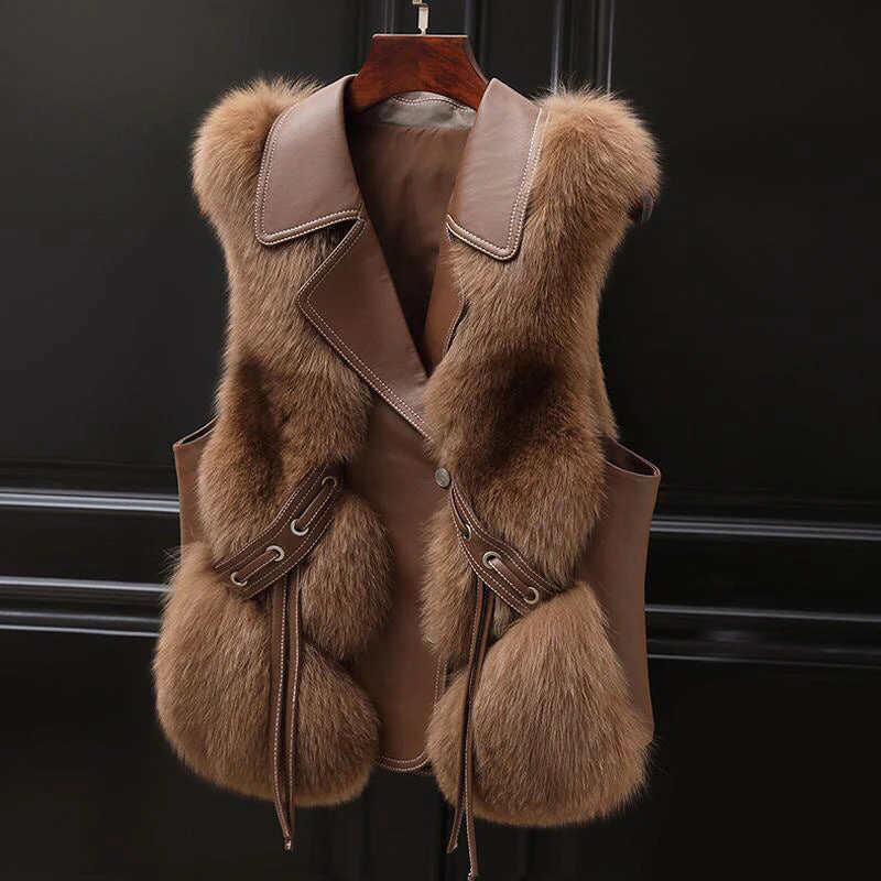 Women’s Faux Fur Vest with Lapel Collar and Waist Tie - Image 2