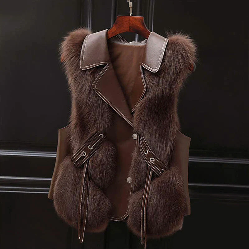 Women’s Faux Fur Vest with Lapel Collar and Waist Tie - Image 3