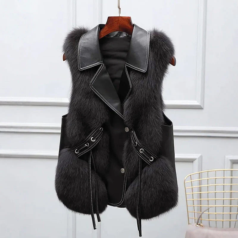 Women’s Faux Fur Vest with Lapel Collar and Waist Tie - Image 4