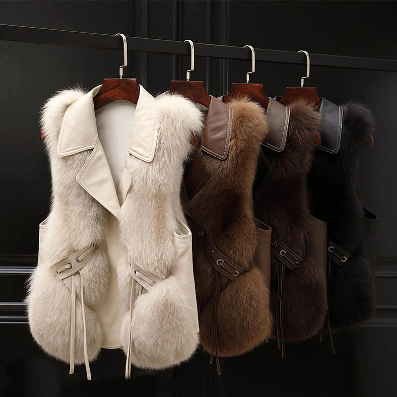 Women’s Faux Fur Vest with Lapel Collar and Waist Tie - Image 7