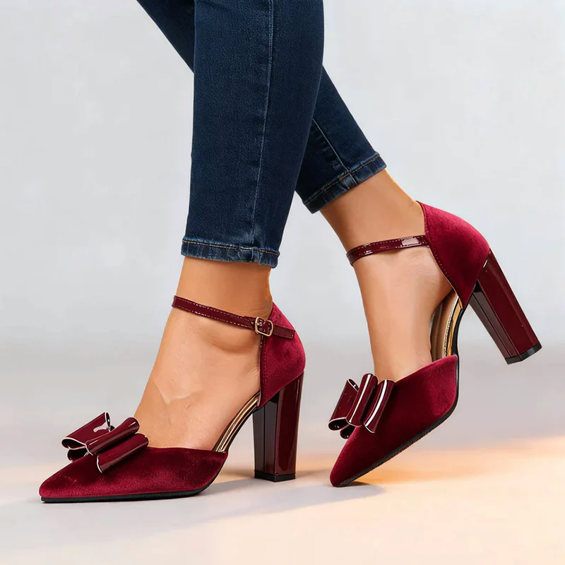 Women’s Faux Suede Block Heels with Glossy Bow Detail - Image 2
