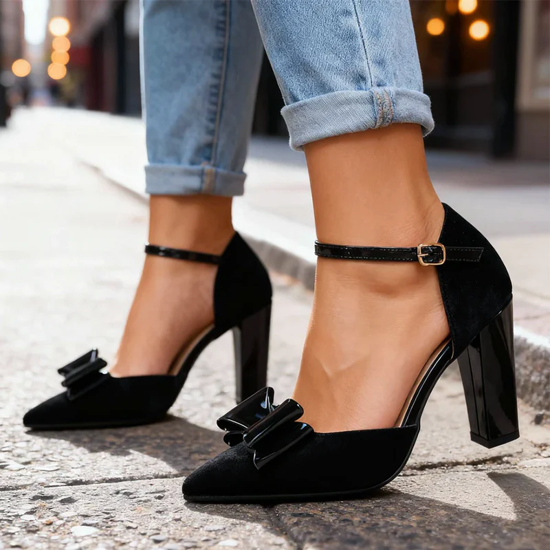 Women’s Faux Suede Block Heels with Glossy Bow Detail - Image 4