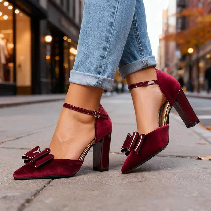 Women’s Faux Suede Block Heels with Glossy Bow Detail - Image 5