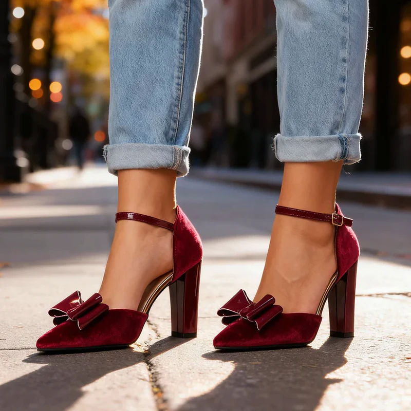 Women’s Faux Suede Block Heels with Glossy Bow Detail - Image 6