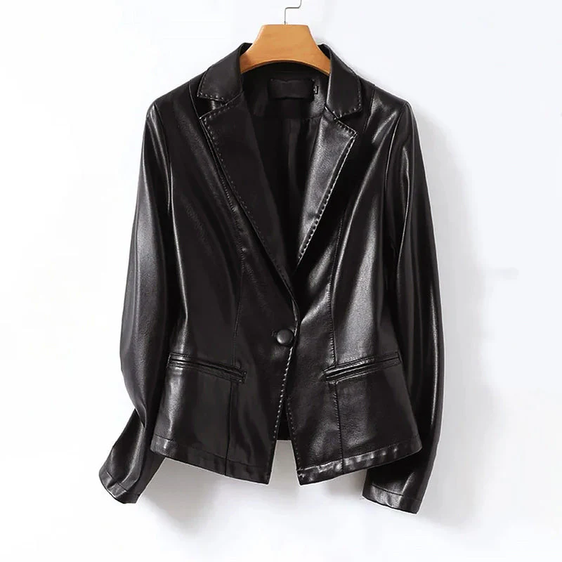 Women’s Genuine Leather One-Button Blazer Jacket - Image 3