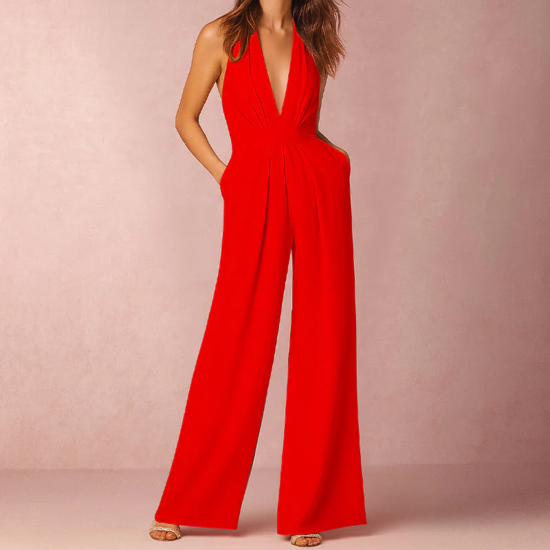 Women’s Halter Evening Jumpsuit with Deep V-Neckline - Image 5
