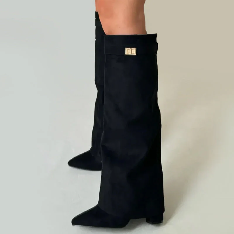 Women’s Knee-High Suede Boots with Fold-Over Cuff - Image 3