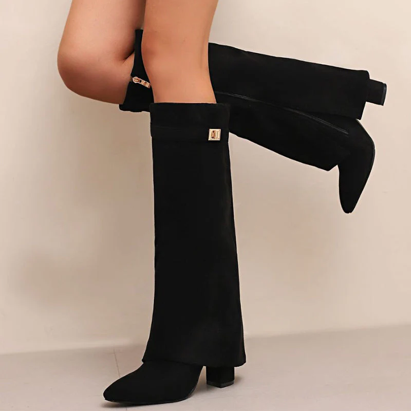Women’s Knee-High Suede Boots with Fold-Over Cuff - Image 4