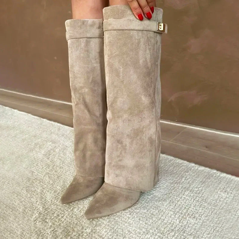 Women’s Knee-High Suede Boots with Fold-Over Cuff - Image 5