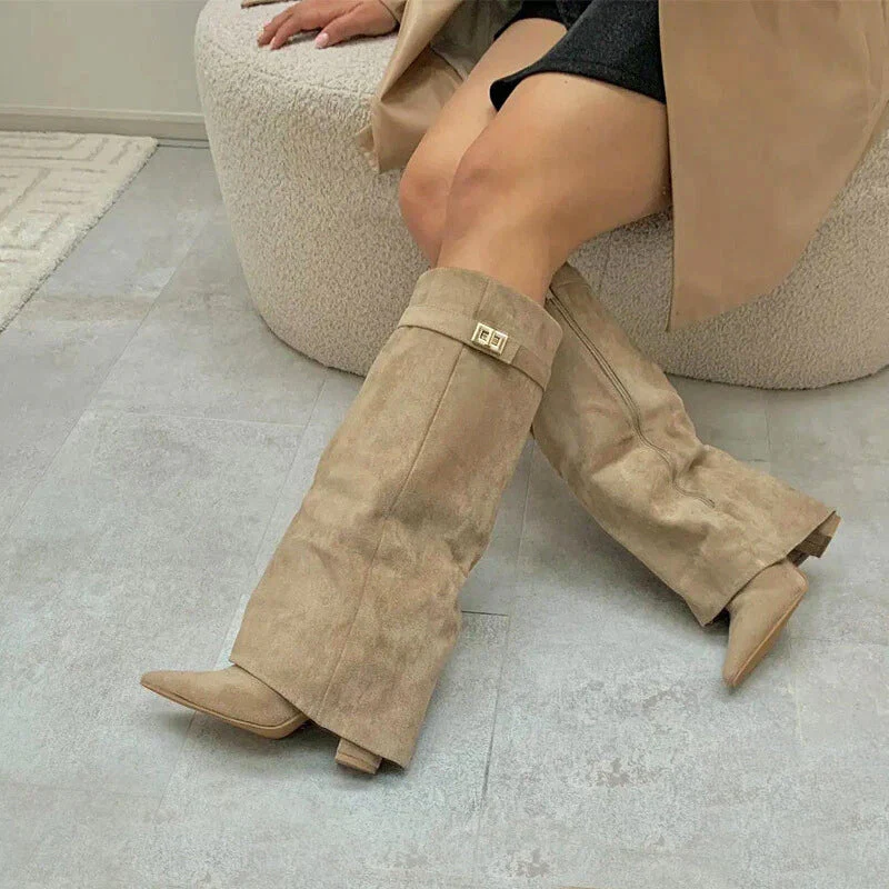 Women’s Knee-High Suede Boots with Fold-Over Cuff - Image 6