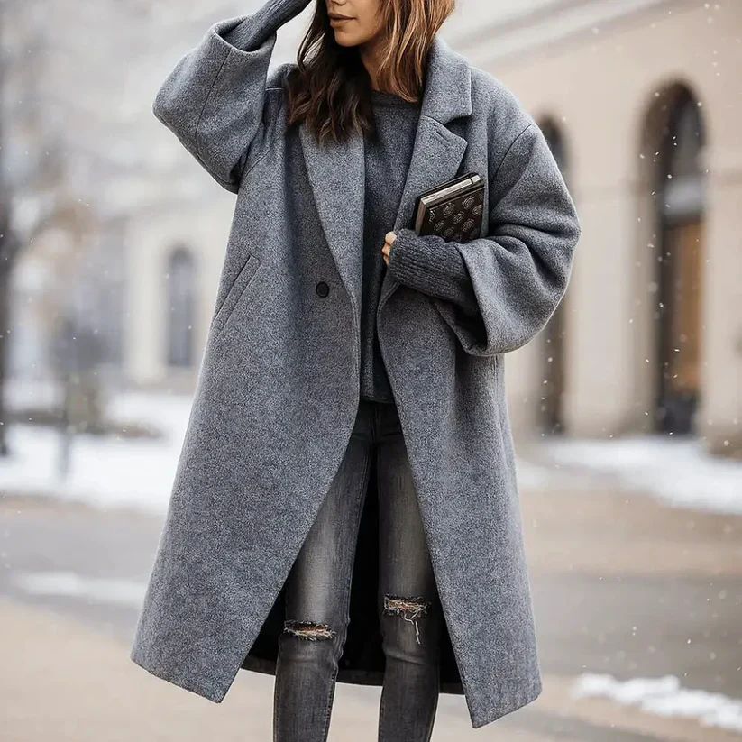 Women’s Long Coat with Wide Collar in Various Colors - Image 4