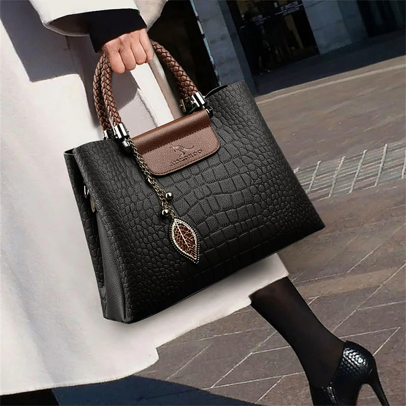 Women’s Medium Textured Shoulder Bag with Braided Handles - Image 2