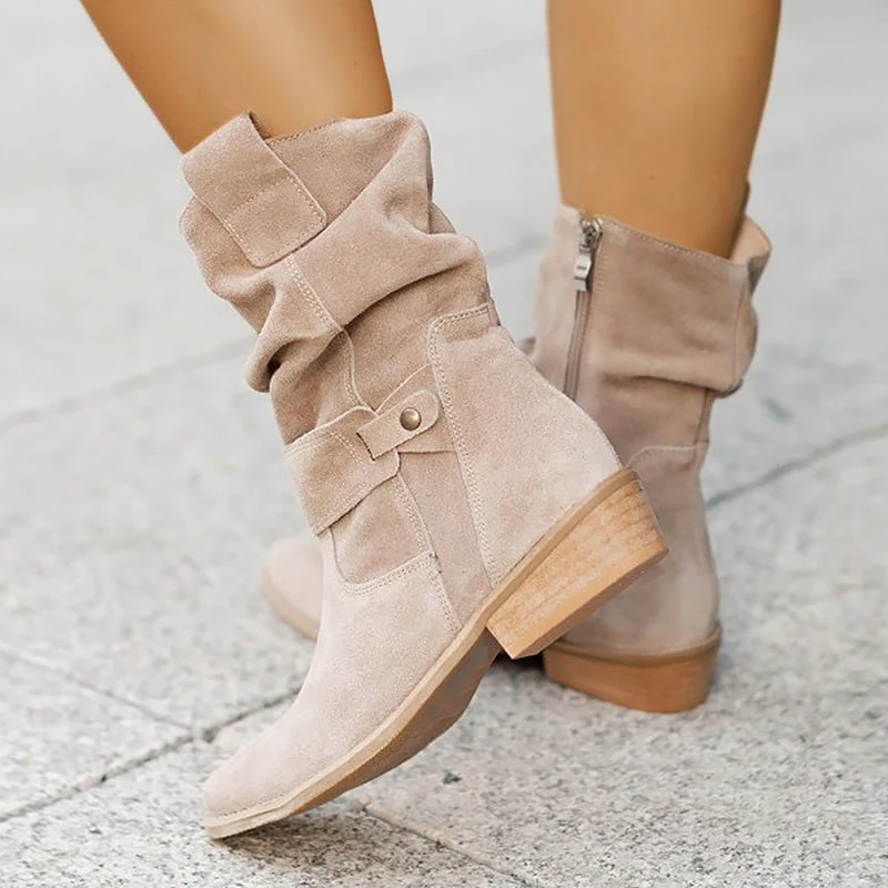 Women’s Mid-Calf Suede Slouch Boots with Low Heel - Image 3