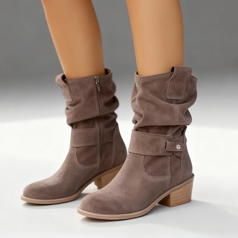 Women’s Mid-Calf Suede Slouch Boots with Low Heel - Image 9
