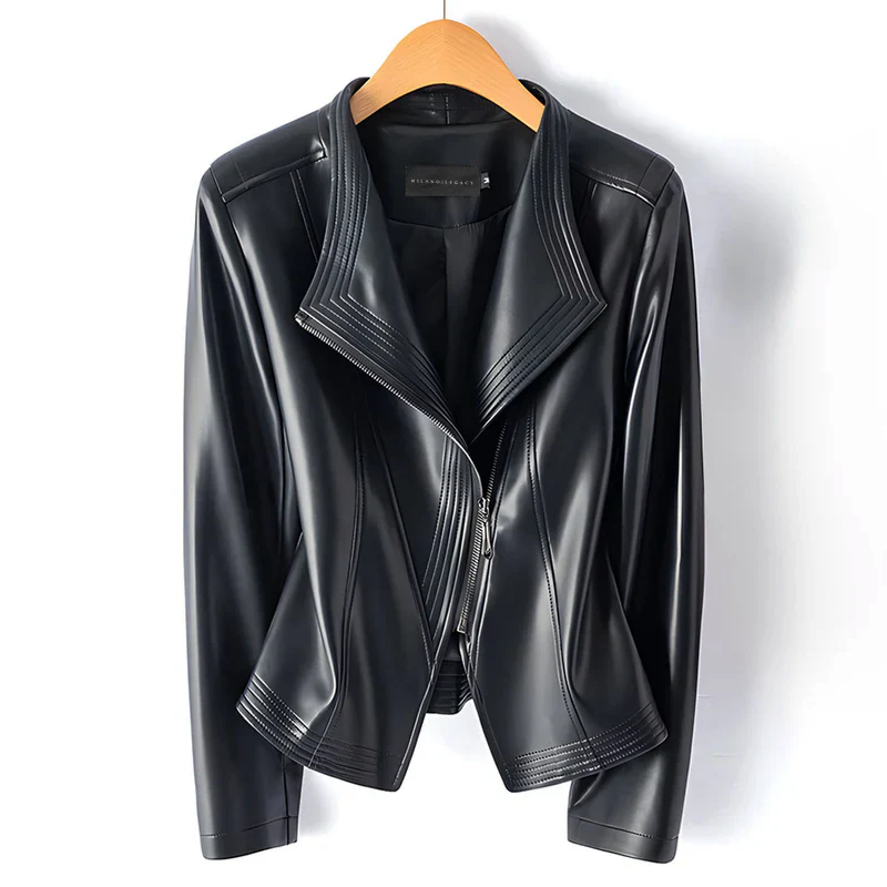 Women’s Moto Faux Leather Jacket with Asymmetric Zipper - Image 2