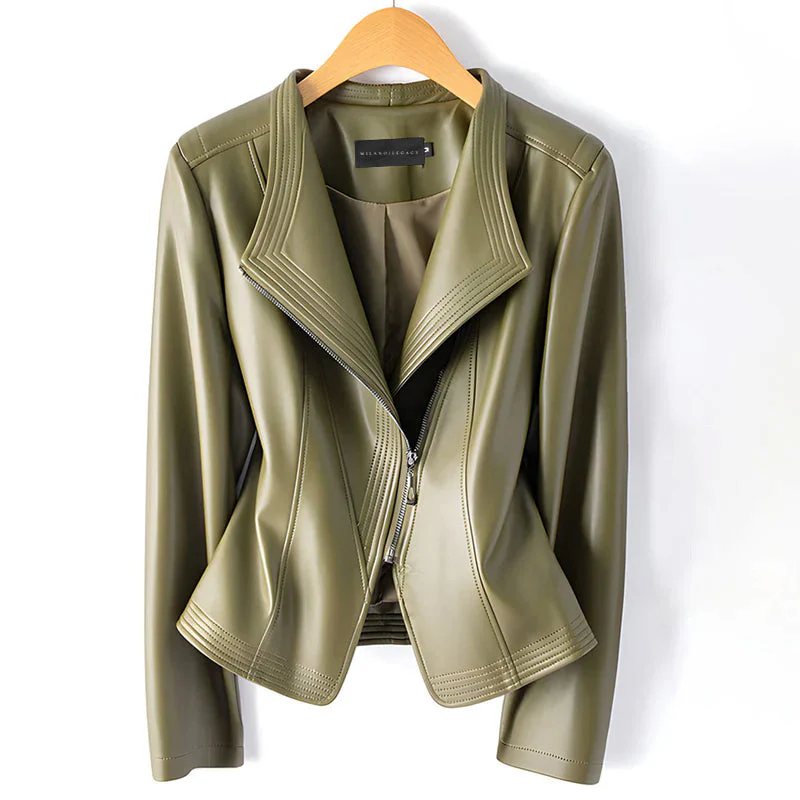 Women’s Moto Faux Leather Jacket with Asymmetric Zipper - Image 3